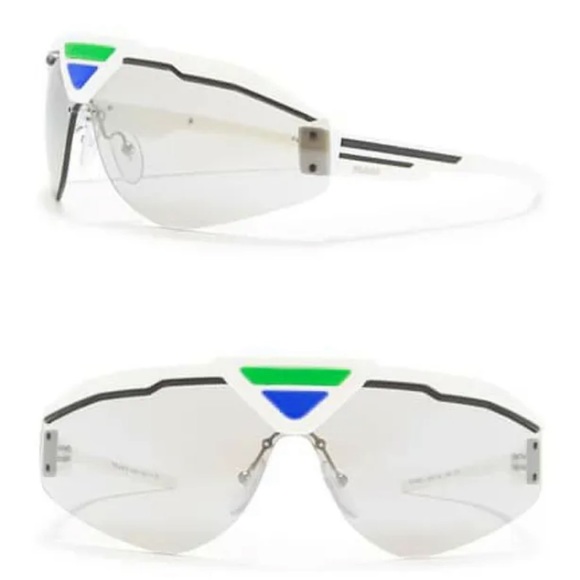 $378 Prada Shield Sunglasses White Black Wrap Sport Light Gray Lens Prada Logos - Picture 1 of 11